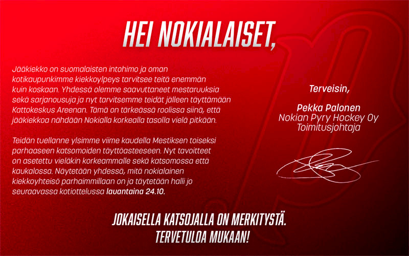 Pyry Hockeyn tiedote - Täytämme Kattokeskus Areenan 24.10.